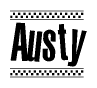 The clipart image displays the text Austy in a bold, stylized font. It is enclosed in a rectangular border with a checkerboard pattern running below and above the text, similar to a finish line in racing. 