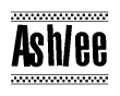 The image is a black and white clipart of the text Ashlee in a bold, italicized font. The text is bordered by a dotted line on the top and bottom, and there are checkered flags positioned at both ends of the text, usually associated with racing or finishing lines.