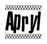 The image is a black and white clipart of the text Apryl in a bold, italicized font. The text is bordered by a dotted line on the top and bottom, and there are checkered flags positioned at both ends of the text, usually associated with racing or finishing lines.