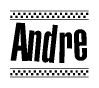 The clipart image displays the text Andre in a bold, stylized font. It is enclosed in a rectangular border with a checkerboard pattern running below and above the text, similar to a finish line in racing. 