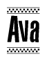 The image contains the text Ava in a bold, stylized font, with a checkered flag pattern bordering the top and bottom of the text.