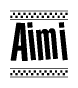 The image contains the text Aimi in a bold, stylized font, with a checkered flag pattern bordering the top and bottom of the text.