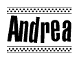 The image contains the text Andrea in a bold, stylized font, with a checkered flag pattern bordering the top and bottom of the text.