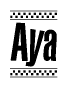 The image is a black and white clipart of the text Aya in a bold, italicized font. The text is bordered by a dotted line on the top and bottom, and there are checkered flags positioned at both ends of the text, usually associated with racing or finishing lines.