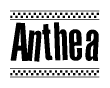 The clipart image displays the text Anthea in a bold, stylized font. It is enclosed in a rectangular border with a checkerboard pattern running below and above the text, similar to a finish line in racing. 