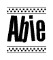 The image is a black and white clipart of the text Abie in a bold, italicized font. The text is bordered by a dotted line on the top and bottom, and there are checkered flags positioned at both ends of the text, usually associated with racing or finishing lines.