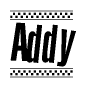 The image is a black and white clipart of the text Addy in a bold, italicized font. The text is bordered by a dotted line on the top and bottom, and there are checkered flags positioned at both ends of the text, usually associated with racing or finishing lines.