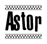 The image is a black and white clipart of the text Astor in a bold, italicized font. The text is bordered by a dotted line on the top and bottom, and there are checkered flags positioned at both ends of the text, usually associated with racing or finishing lines.
