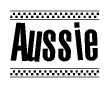 The image is a black and white clipart of the text Aussie in a bold, italicized font. The text is bordered by a dotted line on the top and bottom, and there are checkered flags positioned at both ends of the text, usually associated with racing or finishing lines.