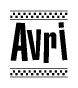 The image contains the text Avri in a bold, stylized font, with a checkered flag pattern bordering the top and bottom of the text.
