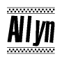The clipart image displays the text Allyn in a bold, stylized font. It is enclosed in a rectangular border with a checkerboard pattern running below and above the text, similar to a finish line in racing. 