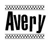 The clipart image displays the text Avery in a bold, stylized font. It is enclosed in a rectangular border with a checkerboard pattern running below and above the text, similar to a finish line in racing. 