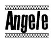 The image is a black and white clipart of the text Angele in a bold, italicized font. The text is bordered by a dotted line on the top and bottom, and there are checkered flags positioned at both ends of the text, usually associated with racing or finishing lines.