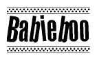 The image is a black and white clipart of the text Babieboo in a bold, italicized font. The text is bordered by a dotted line on the top and bottom, and there are checkered flags positioned at both ends of the text, usually associated with racing or finishing lines.