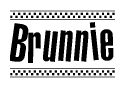 The image contains the text Brunnie in a bold, stylized font, with a checkered flag pattern bordering the top and bottom of the text.