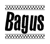The image is a black and white clipart of the text Bagus in a bold, italicized font. The text is bordered by a dotted line on the top and bottom, and there are checkered flags positioned at both ends of the text, usually associated with racing or finishing lines.