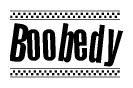 The image is a black and white clipart of the text Boobedy in a bold, italicized font. The text is bordered by a dotted line on the top and bottom, and there are checkered flags positioned at both ends of the text, usually associated with racing or finishing lines.