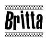 The image is a black and white clipart of the text Britta in a bold, italicized font. The text is bordered by a dotted line on the top and bottom, and there are checkered flags positioned at both ends of the text, usually associated with racing or finishing lines.