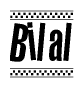 The image is a black and white clipart of the text Bilal in a bold, italicized font. The text is bordered by a dotted line on the top and bottom, and there are checkered flags positioned at both ends of the text, usually associated with racing or finishing lines.
