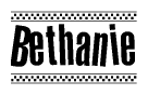 The image is a black and white clipart of the text Bethanie in a bold, italicized font. The text is bordered by a dotted line on the top and bottom, and there are checkered flags positioned at both ends of the text, usually associated with racing or finishing lines.
