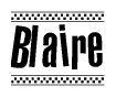 The image is a black and white clipart of the text Blaire in a bold, italicized font. The text is bordered by a dotted line on the top and bottom, and there are checkered flags positioned at both ends of the text, usually associated with racing or finishing lines.