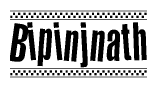 The image is a black and white clipart of the text Bipinjnath in a bold, italicized font. The text is bordered by a dotted line on the top and bottom, and there are checkered flags positioned at both ends of the text, usually associated with racing or finishing lines.