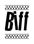 The image is a black and white clipart of the text Biff in a bold, italicized font. The text is bordered by a dotted line on the top and bottom, and there are checkered flags positioned at both ends of the text, usually associated with racing or finishing lines.