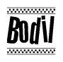 The image contains the text Bodil in a bold, stylized font, with a checkered flag pattern bordering the top and bottom of the text.