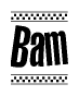 The image is a black and white clipart of the text Bam in a bold, italicized font. The text is bordered by a dotted line on the top and bottom, and there are checkered flags positioned at both ends of the text, usually associated with racing or finishing lines.