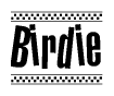 The clipart image displays the text Birdie in a bold, stylized font. It is enclosed in a rectangular border with a checkerboard pattern running below and above the text, similar to a finish line in racing. 