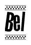 The image is a black and white clipart of the text Bel in a bold, italicized font. The text is bordered by a dotted line on the top and bottom, and there are checkered flags positioned at both ends of the text, usually associated with racing or finishing lines.