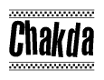 The image is a black and white clipart of the text Chakda in a bold, italicized font. The text is bordered by a dotted line on the top and bottom, and there are checkered flags positioned at both ends of the text, usually associated with racing or finishing lines.