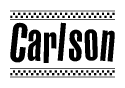 The image is a black and white clipart of the text Carlson in a bold, italicized font. The text is bordered by a dotted line on the top and bottom, and there are checkered flags positioned at both ends of the text, usually associated with racing or finishing lines.