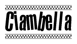 The image is a black and white clipart of the text Ciambella in a bold, italicized font. The text is bordered by a dotted line on the top and bottom, and there are checkered flags positioned at both ends of the text, usually associated with racing or finishing lines.