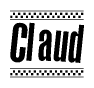 The image is a black and white clipart of the text Claud in a bold, italicized font. The text is bordered by a dotted line on the top and bottom, and there are checkered flags positioned at both ends of the text, usually associated with racing or finishing lines.