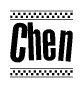 The clipart image displays the text Chen in a bold, stylized font. It is enclosed in a rectangular border with a checkerboard pattern running below and above the text, similar to a finish line in racing. 