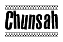 The image contains the text Chunsah in a bold, stylized font, with a checkered flag pattern bordering the top and bottom of the text.
