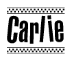 The image contains the text Carlie in a bold, stylized font, with a checkered flag pattern bordering the top and bottom of the text.