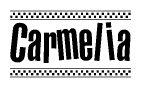 The image contains the text Carmelia in a bold, stylized font, with a checkered flag pattern bordering the top and bottom of the text.
