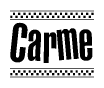 The image contains the text Carme in a bold, stylized font, with a checkered flag pattern bordering the top and bottom of the text.