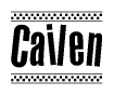 The image is a black and white clipart of the text Cailen in a bold, italicized font. The text is bordered by a dotted line on the top and bottom, and there are checkered flags positioned at both ends of the text, usually associated with racing or finishing lines.