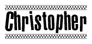 The clipart image displays the text Christopher in a bold, stylized font. It is enclosed in a rectangular border with a checkerboard pattern running below and above the text, similar to a finish line in racing. 