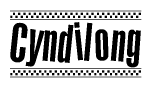 The image contains the text Cyndilong in a bold, stylized font, with a checkered flag pattern bordering the top and bottom of the text.