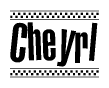 The image is a black and white clipart of the text Cheyrl in a bold, italicized font. The text is bordered by a dotted line on the top and bottom, and there are checkered flags positioned at both ends of the text, usually associated with racing or finishing lines.