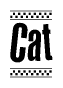 The image contains the text Cat in a bold, stylized font, with a checkered flag pattern bordering the top and bottom of the text.