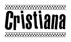 The image is a black and white clipart of the text Cristiana in a bold, italicized font. The text is bordered by a dotted line on the top and bottom, and there are checkered flags positioned at both ends of the text, usually associated with racing or finishing lines.