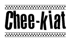 The clipart image displays the text Chee-kiat in a bold, stylized font. It is enclosed in a rectangular border with a checkerboard pattern running below and above the text, similar to a finish line in racing. 