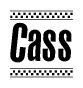 The clipart image displays the text Cass in a bold, stylized font. It is enclosed in a rectangular border with a checkerboard pattern running below and above the text, similar to a finish line in racing. 