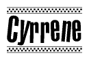 The image contains the text Cyrrene in a bold, stylized font, with a checkered flag pattern bordering the top and bottom of the text.