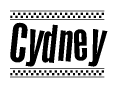The image is a black and white clipart of the text Cydney in a bold, italicized font. The text is bordered by a dotted line on the top and bottom, and there are checkered flags positioned at both ends of the text, usually associated with racing or finishing lines.